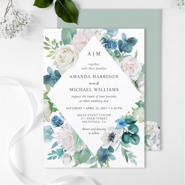 Invitación Boda floral Pastel blanco azul verde sabio (Subido por el creador)