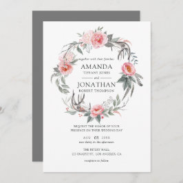 Invitación Boda Floral Pastel de Boho rosa y gris