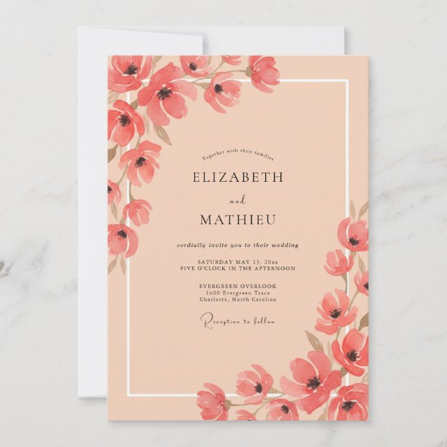 Invitación Boda floral pastel de coral (Anverso)