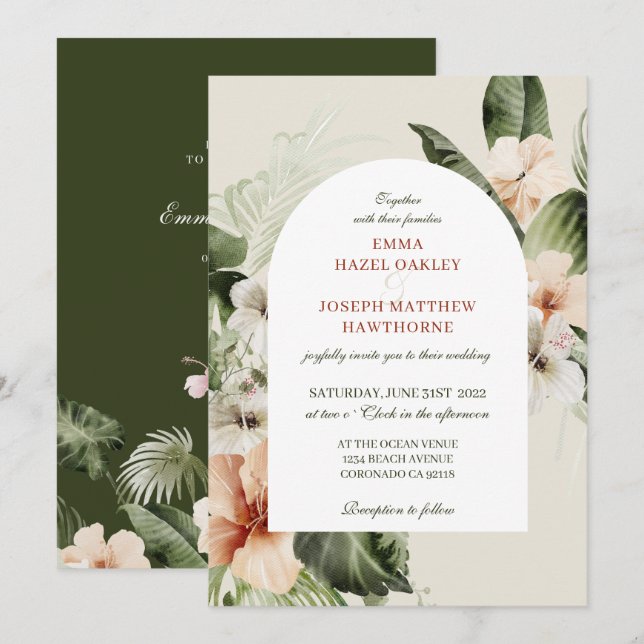 Invitación Boda floral pastel de hibiscus boho (Anverso / Reverso)
