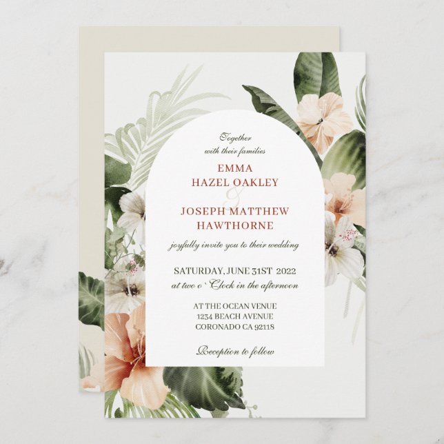 Invitación Boda floral pastel de hibiscus boho (Anverso / Reverso)