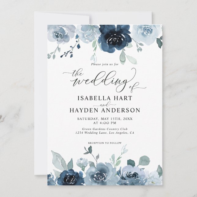 Invitación Boda Floral Pastel de la Marina Oscura y Dusty Azu (Anverso)