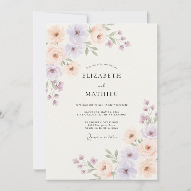 Invitación Boda floral pastel de lavanda (Anverso)