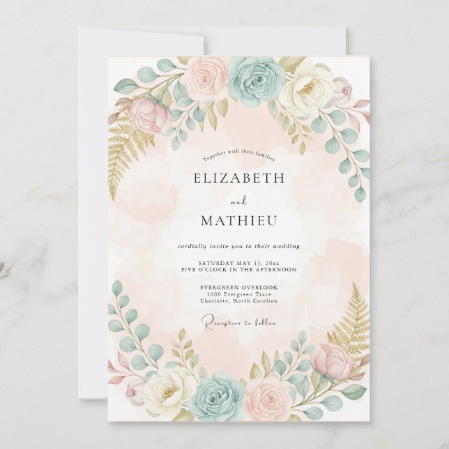Invitación Boda floral pastel de melocotón (Anverso)