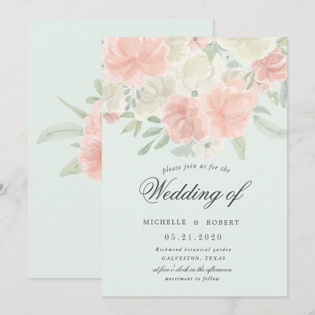 Invitación boda floral pastel de primavera ligera (Anverso / Reverso)