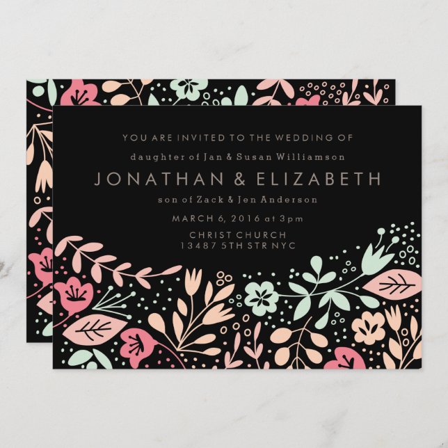 Invitación Boda floral pastel dibujada a mano moderna negra (Anverso / Reverso)
