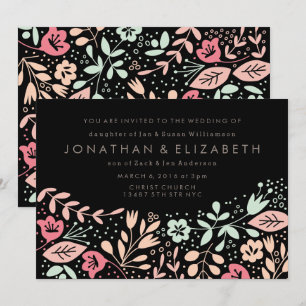 Invitación Boda floral pastel dibujada a mano moderna negra