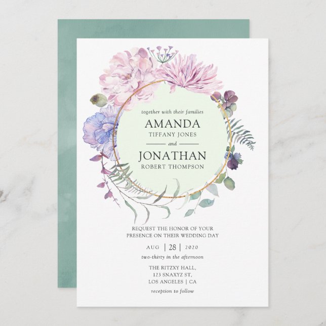 Invitación Boda Floral Pastel Geométrico Peonies (Anverso / Reverso)