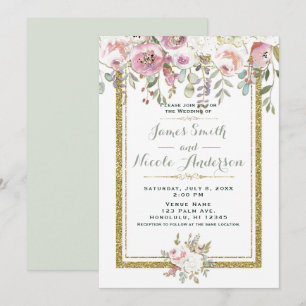 Invitación Boda floral pastel moderna rosa verde y dorado
