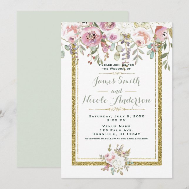Invitación Boda floral pastel moderna rosa verde y dorado (Anverso / Reverso)