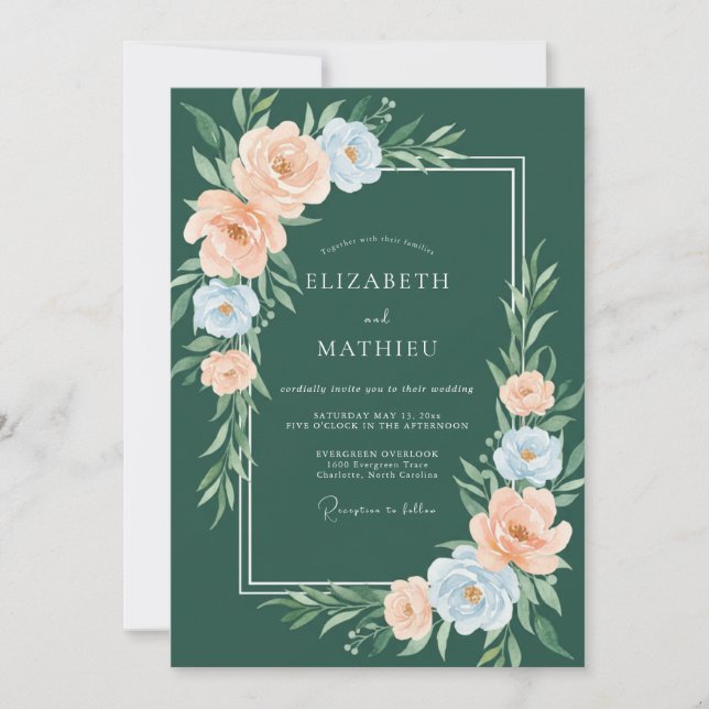 Invitación Boda Floral Pastel Verde Bosque (Anverso)