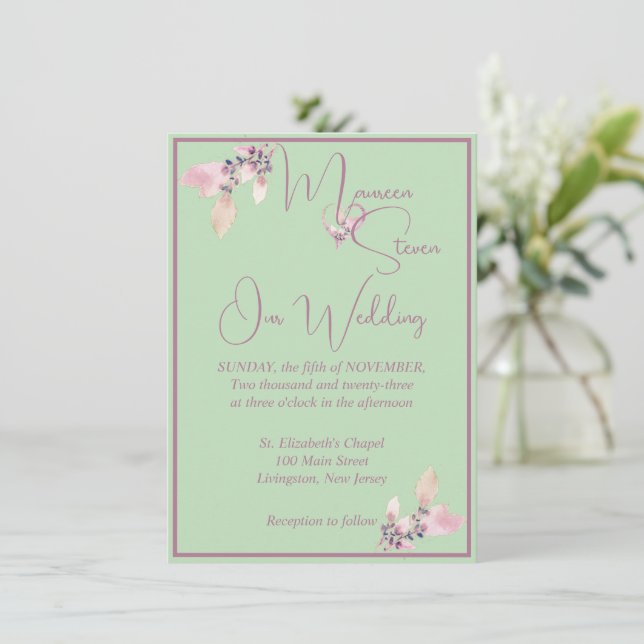 Invitación Boda Floral Pastel Verde y Mauve (Anverso de pie)