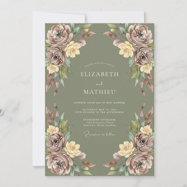 Invitación Boda Floral Pastoral Verde Musgo (Anverso)