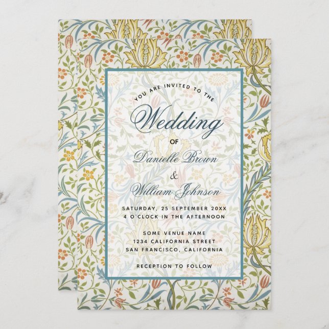 Invitación Boda floral Patrón Morris Guión elegante (Anverso / Reverso)
