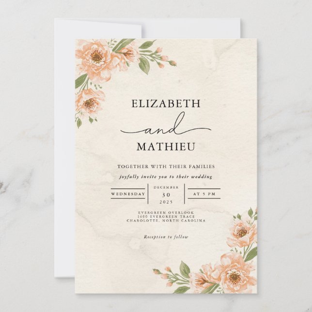 Invitación Boda Floral Peach Blossom Garden (Anverso)