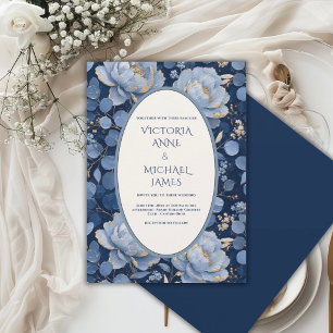 Invitación Boda Floral Peonía Azul Dorado Vintage