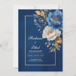 Invitación Boda Floral Peonía Azul Marino Dorado Blanco