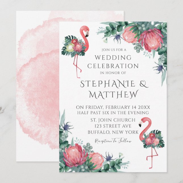 Invitación Boda Floral Peony Pink Flamingo (Anverso / Reverso)
