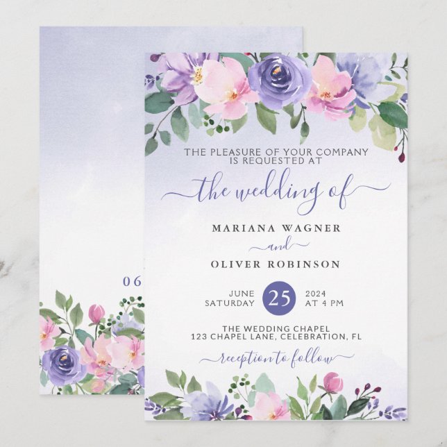 Invitación Boda Floral Periwinkle y acuarela rosa Invi (Anverso / Reverso)