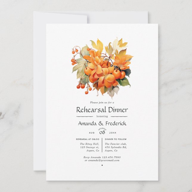 Invitación Boda Floral Persimmon Cena de ensayo (Anverso)