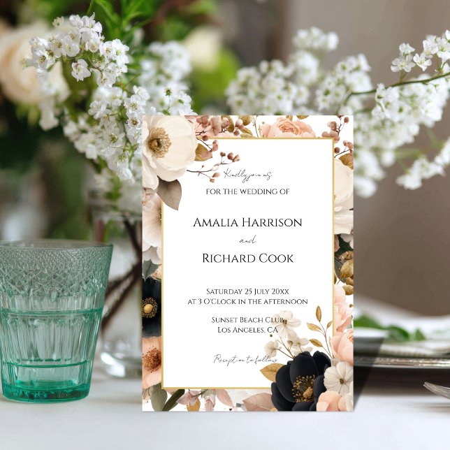 Invitación Boda floral personalizable de oro y melocotón negr (Subido por el creador)