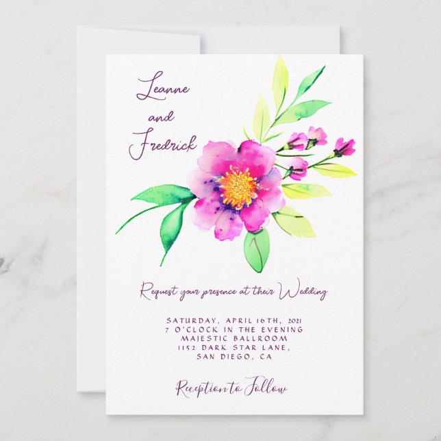 Invitación Boda floral personalizada con acuarela rosa (Anverso)