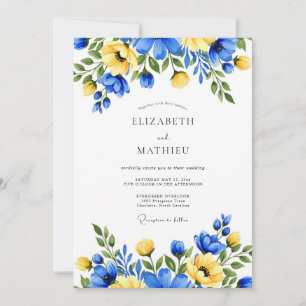 Invitación Boda floral pictórica de azul y amarillo