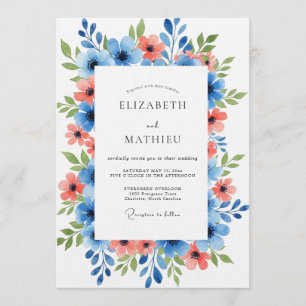 Invitación Boda floral pictórica de coral azul