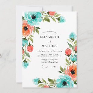 Invitación Boda floral pictórica de coral teal
