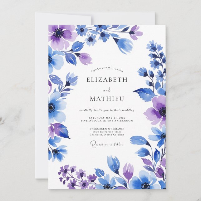 Invitación Boda floral pictórica de lavanda azul (Anverso)