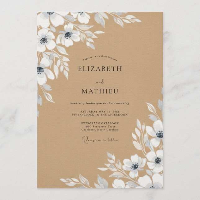 Invitación Boda Floral Pintada Azul Pizarra (Anverso)