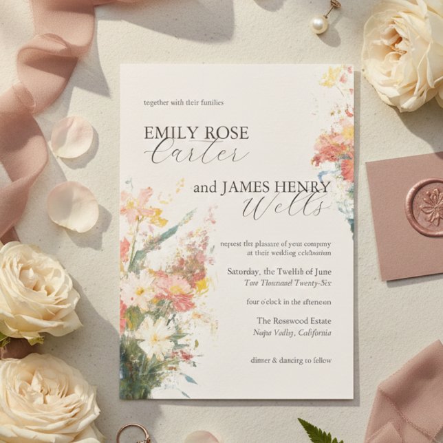 Invitación Boda floral pintada con toque romántico (Romantic Blush Painted Floral Wedding Invitation)