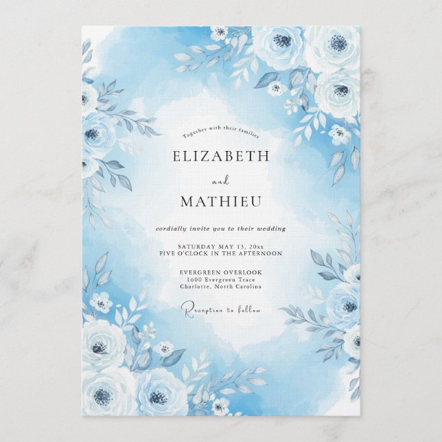 Invitación Boda Floral Pintada de Azul Celeste (Anverso)