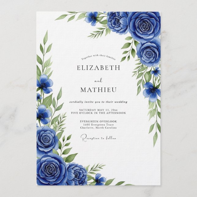 Invitación Boda Floral Pintada de Azul Real (Anverso)