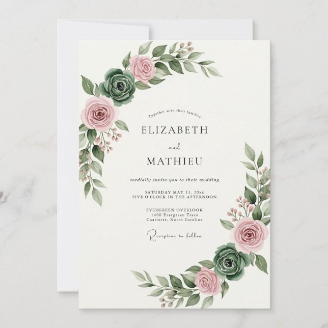 Invitación Boda floral pintada de rosa rubor (Anverso)