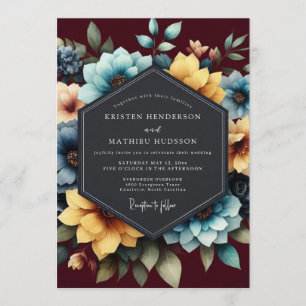 Invitación Boda Floral Pintada de Verde Azul y Borgoña
