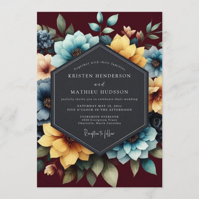 Invitación Boda Floral Pintada de Verde Azul y Borgoña (Anverso)