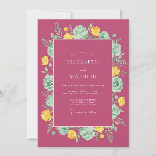 Invitación Boda Floral Pintada Magenta (Anverso)