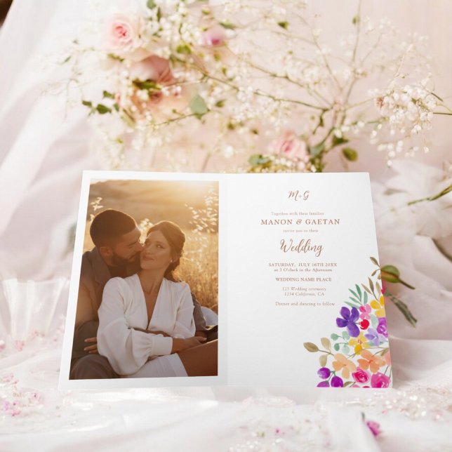 Invitación Boda floral pintado a mano. Foto todo en uno (Hand Painted Floral Wedding Photo all in one Invitation)