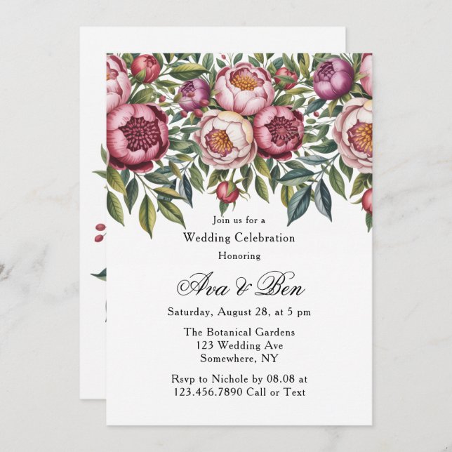 Invitación Boda Floral Pintado con Primrose de Winterberry (Anverso / Reverso)