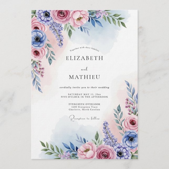Invitación Boda Floral Pintor Lavanda Rubor (Anverso)