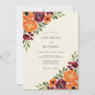 Invitación Boda Floral Pintoresca de Borgoña y Naranja