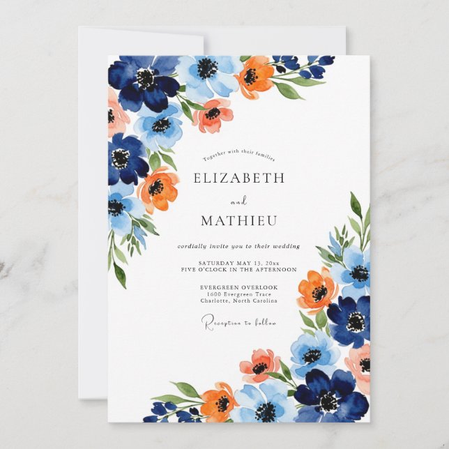 Invitación Boda Floral Pintoresca de Naranja Marina (Anverso)