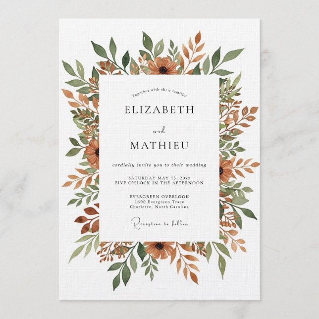 Invitación Boda Floral Pintoresca de Naranja Quemada (Anverso)