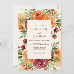 Invitación Boda floral pintoresca de naranja y borgoña