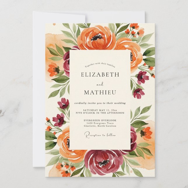 Invitación Boda floral pintoresca de naranja y borgoña (Anverso)