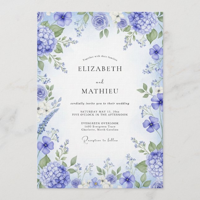 Invitación Boda Floral Pintoresca de Periwinkle (Anverso)