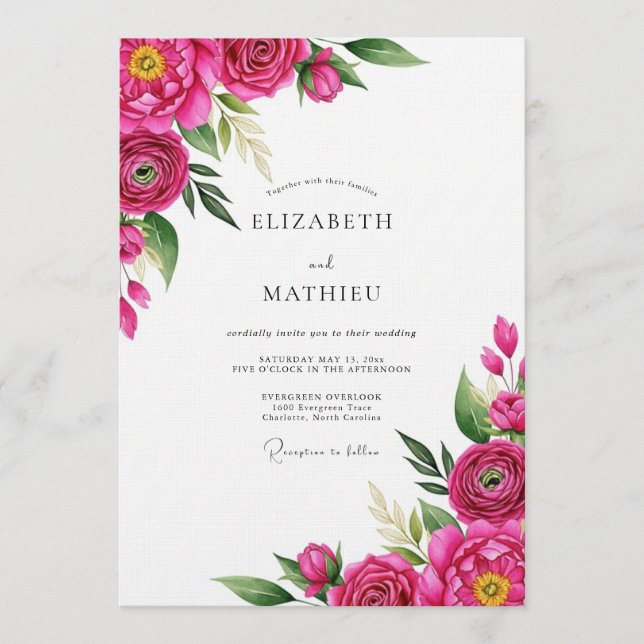 Invitación Boda Floral Pintoresca Fucsia (Anverso)