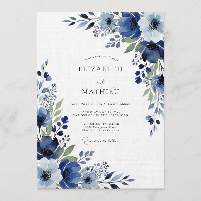 Invitación Boda floral pintoresca índigo (Anverso)
