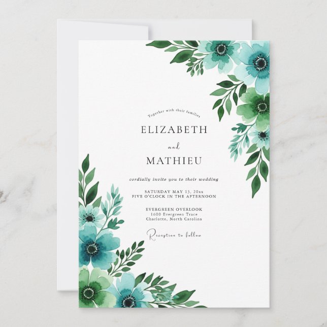 Invitación Boda Floral Pintoresca Verde Azul (Anverso)